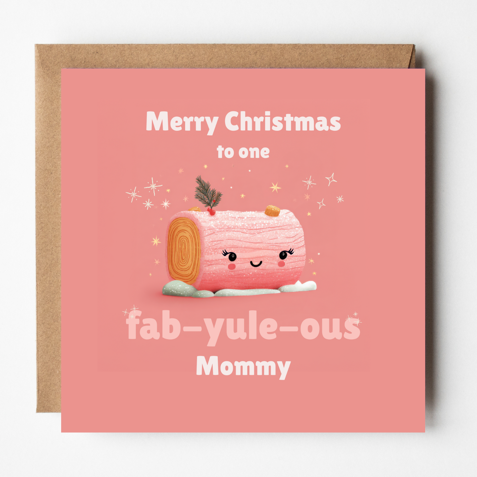 A mockup of the fab-yule-ous card, shown with brown Kraft envelope.