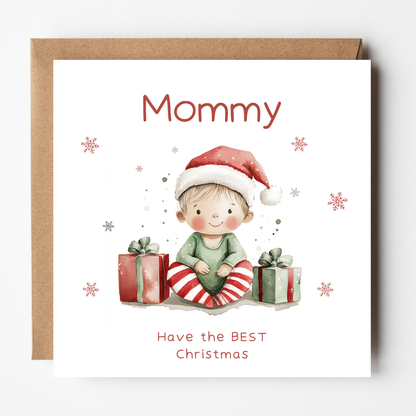 The design: cute watercolour baby elf in green and red. Text reads: "Mommy - have the BEST Christmas".