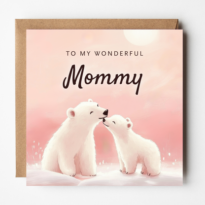 The Mommy Bear Christmas card shown with brown Kraft envelope.