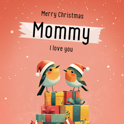 The design: two little xmas robins perched atop a pile of presents. Text reads: Merry Christmas Mommy, I love you.
