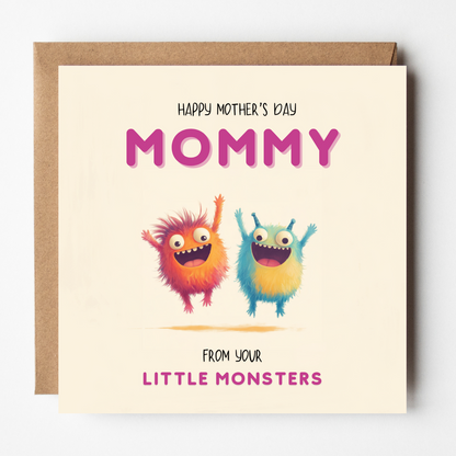 Card design: two cheeky fluffy monsters jumping in the air. Text reads: "Happy Mother's Day Mommy. From your little monsters".