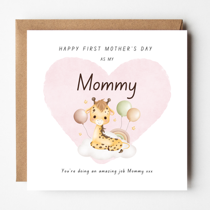 A mockup of the Mommy's First Mother's Day Card From Baby card, shown with brown Kraft envelope.