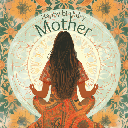 The design: Long dark haired lady meditates within mandala design. Text reads: "Happy birthday Mother".