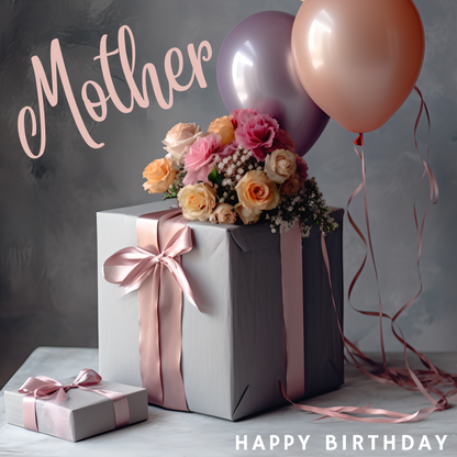 The design: a colourful flower bouquet resting on a gift wrapped in silver and pink for Mom. Text reads: "Mother, happy birthday"
