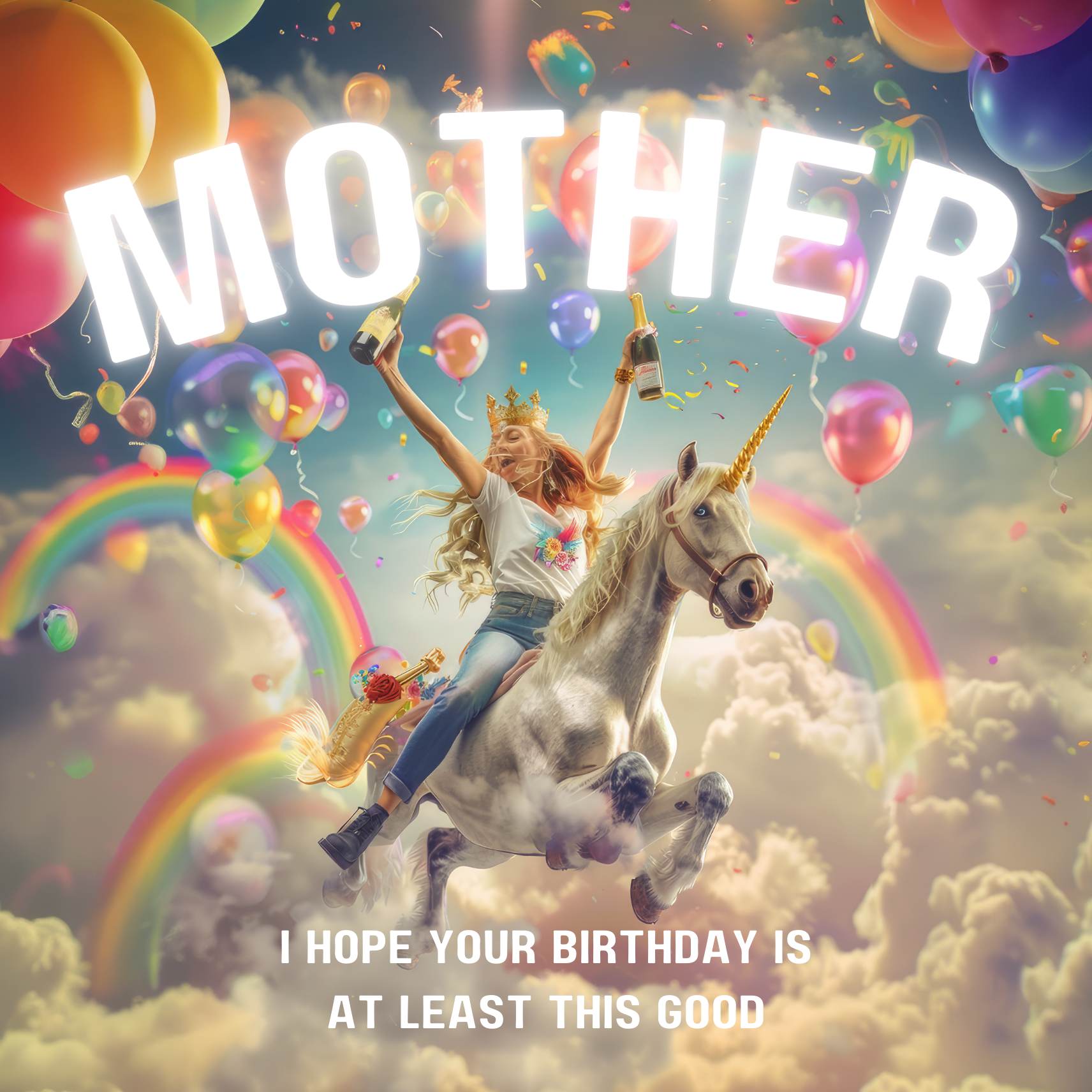 Woman clutching champagne joyously riding a unicorn through rainbows and colourful balloons. Text reads "Mother I hope your birthday is at least this good".