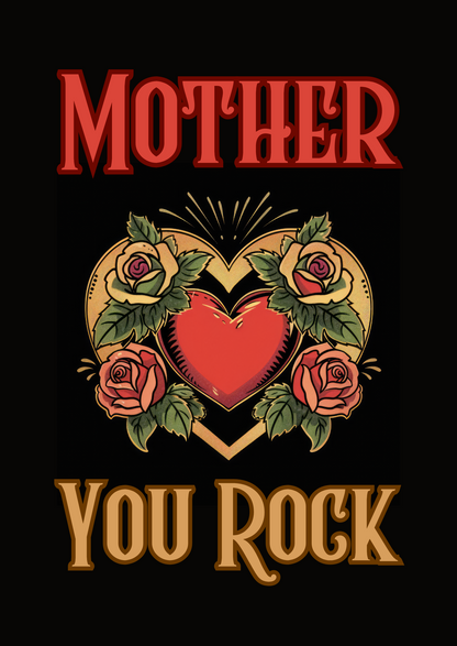 The design: red and gold tattoo-style heart and roses on black background. Text reads: "Mother, You Rock"