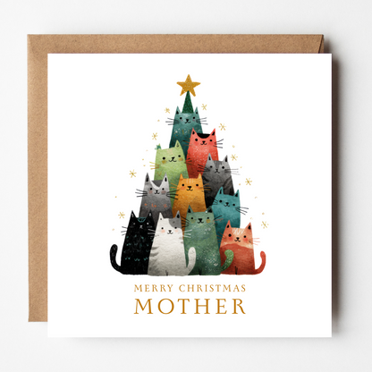 A mockup of the Kitty Christmas (Mother) card, shown with brown Kraft envelope.