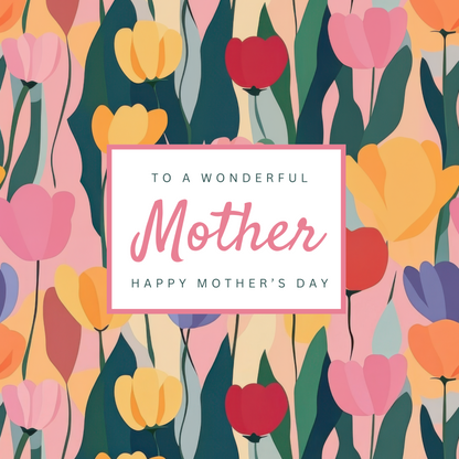 The design: bright pastel tulips, contemporary design. Text reads: "To a wonderful Mother, happy Mother's Day".