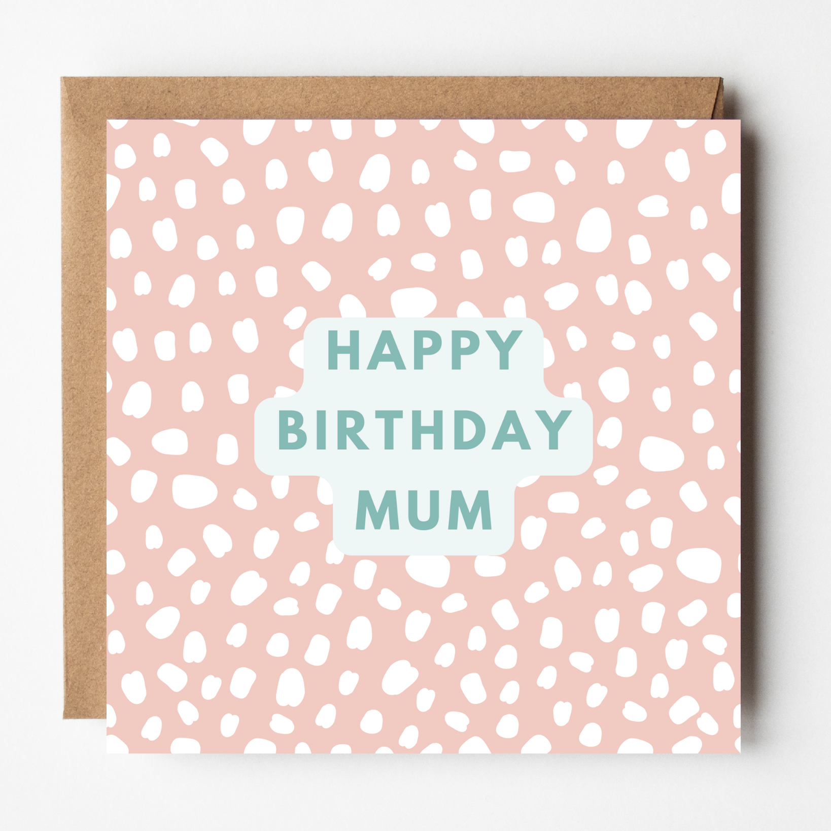 Greeting card with 'Happy Birthday Mum' text on a pink background with white patterns