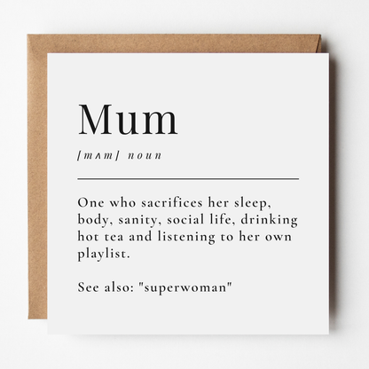 A mockup of the Definition of Mum card, shown with brown Kraft envelope.
