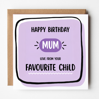 A mockup of the "Favourite Child" birthday card for Mum, shown with brown Kraft envelope.