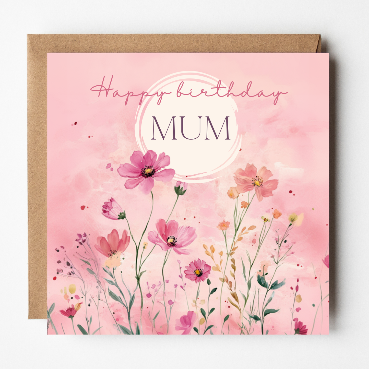 A mockup of the Twilight Wildflowers card for Mum, shown with brown Kraft envelope.