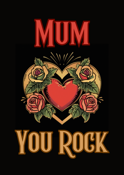 The design: red and gold tattoo-style heart and roses on black background. Text reads: "Mum, You Rock"