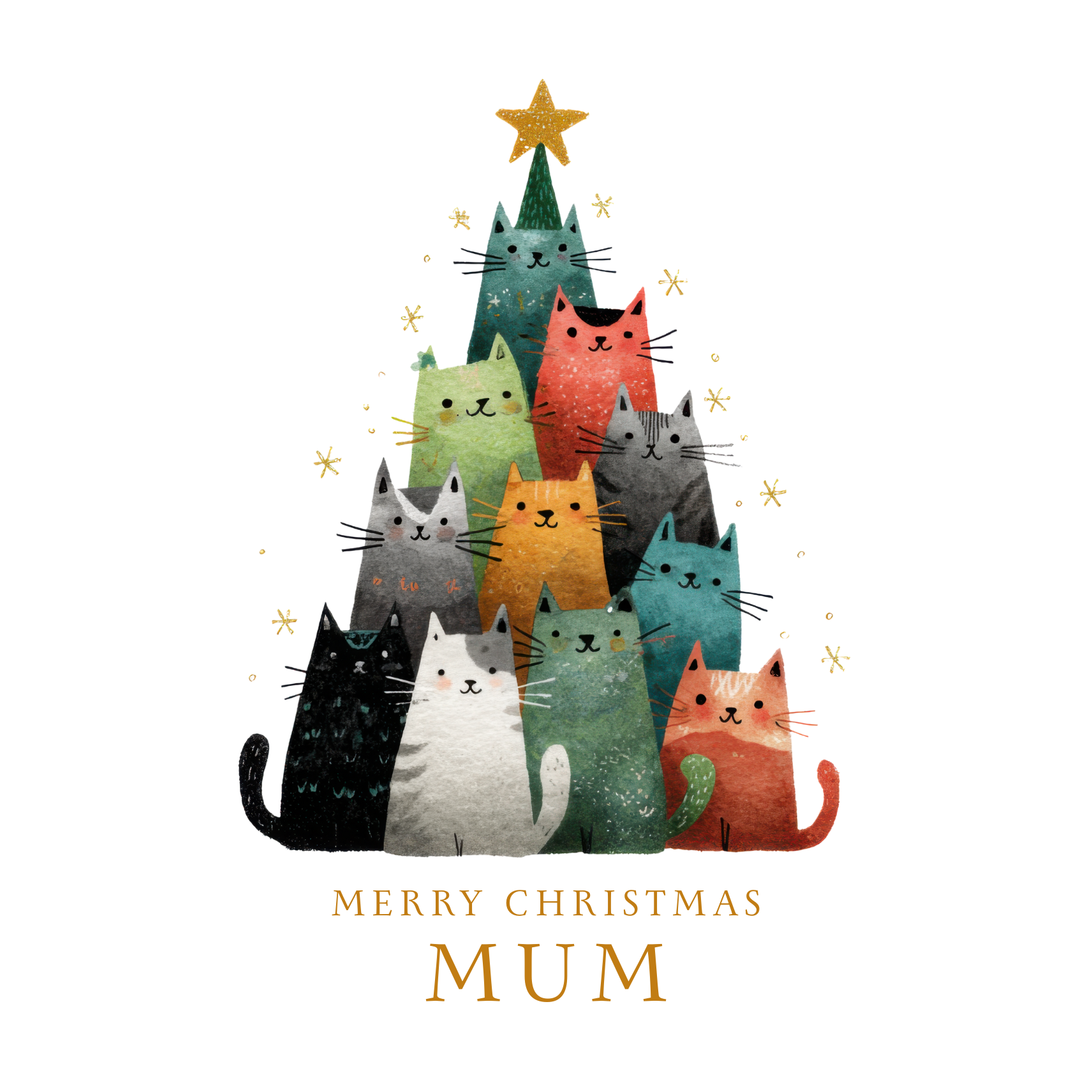 The card design: watercolour illustration of colourful cats in a Christmas tree shape, with text "Merry Christmas Mum".