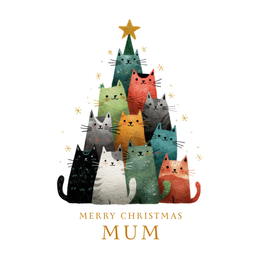 The card design: watercolour illustration of colourful cats in a Christmas tree shape, with text "Merry Christmas Mum".