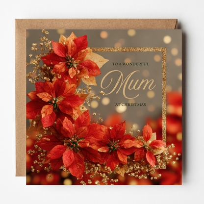 A mockup of the Poinsettia (Mum) card, shown with brown Kraft envelope.