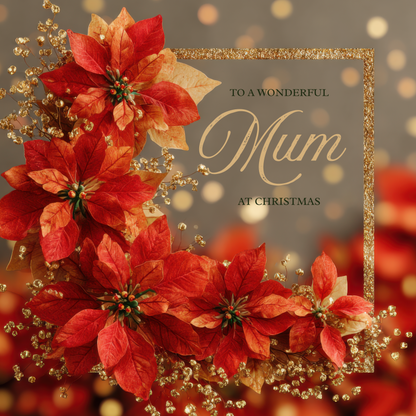 The card design: striking red poinsettia leaves with sparkling gold frame. Text reads: "To a wonderful Mum at Christmas"
