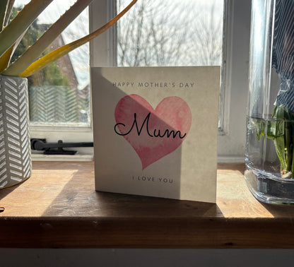 Customer photo of the Mum Mother's Day Love Heart card displayed on a sunny windowsill.