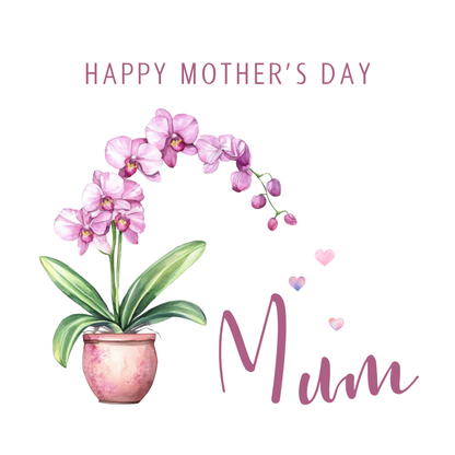 The design: handpainted orchid drops heart-shaped watercolour petals. Text reads: "Happy Mother's Day Mum"