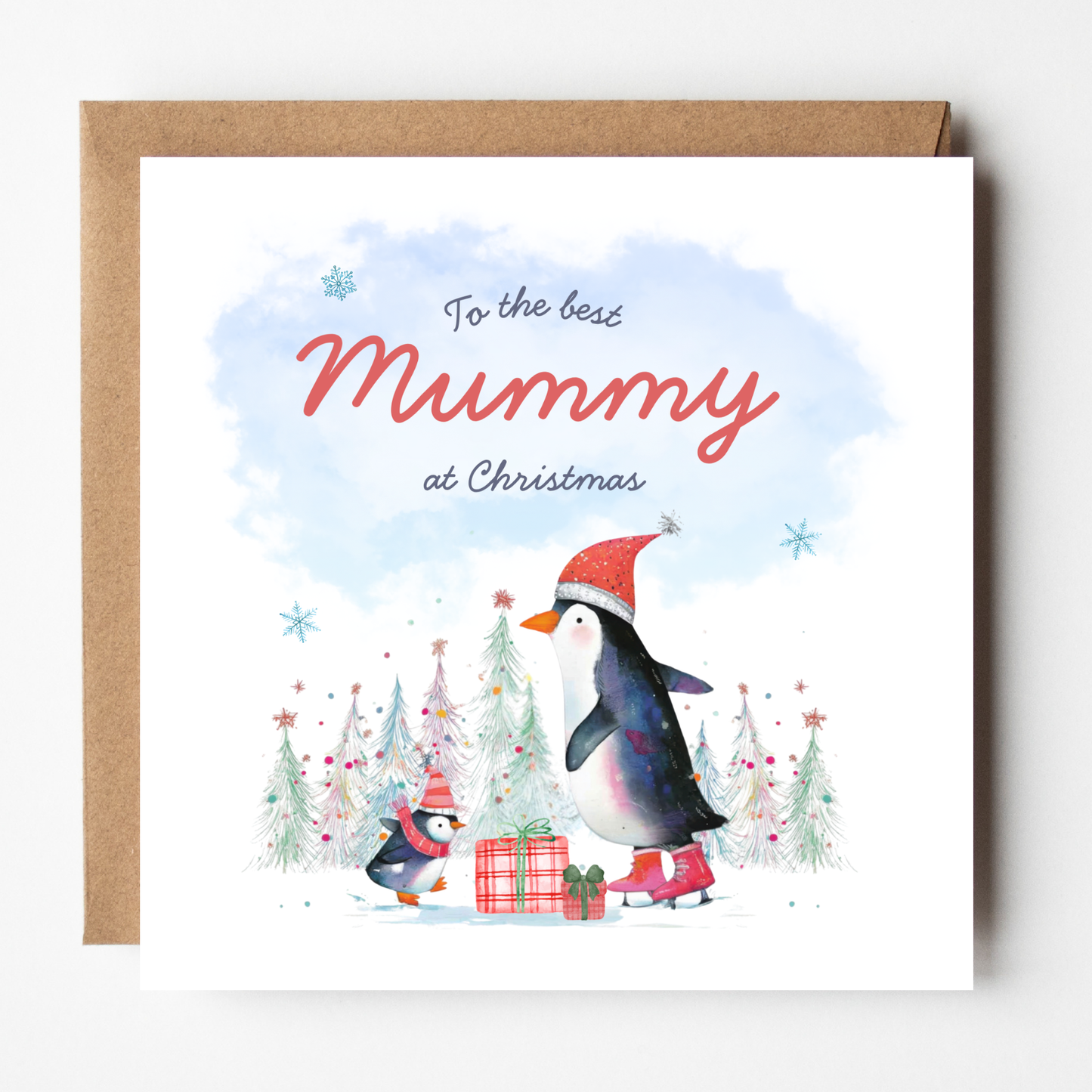A mockup of the Skating Penguins Mummy card, shown with brown Kraft envelope.