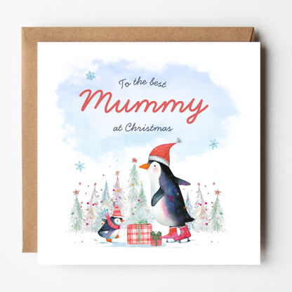 A mockup of the Skating Penguins Mummy card, shown with brown Kraft envelope.