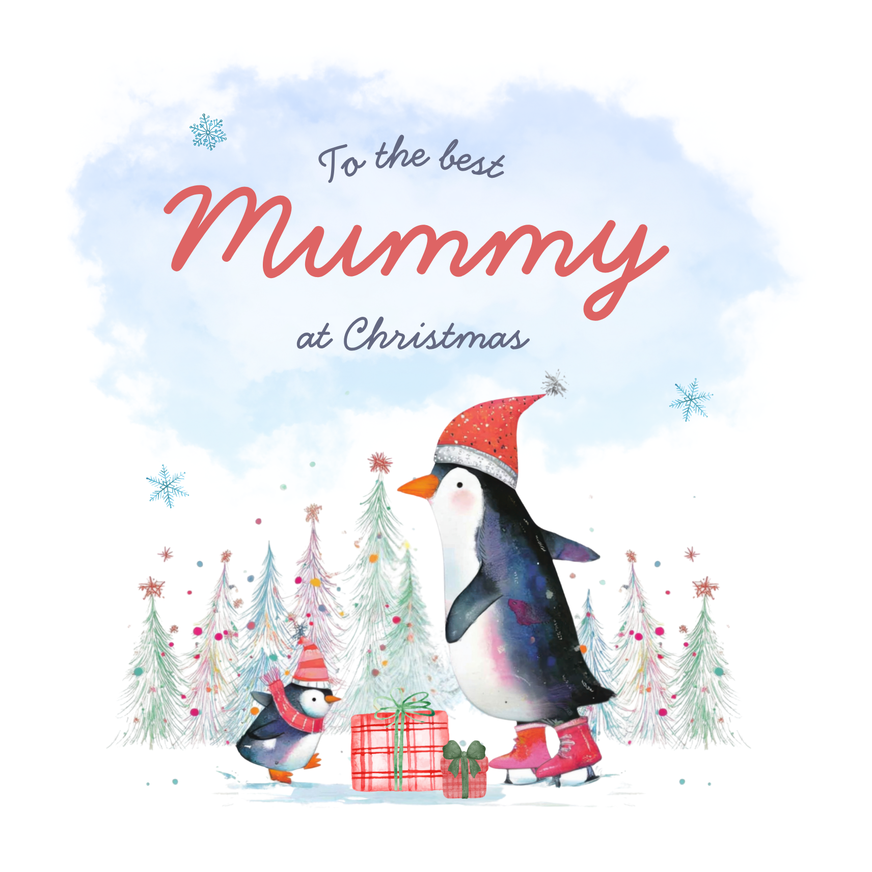 The card design: Mummy penguin and little penguin skating in a snowy Christmas scene.
