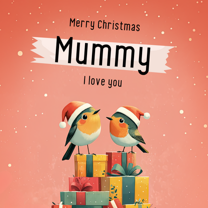 The design: two little xmas robins perched atop a pile of presents. Text reads: Merry Christmas Mummy, I love you.