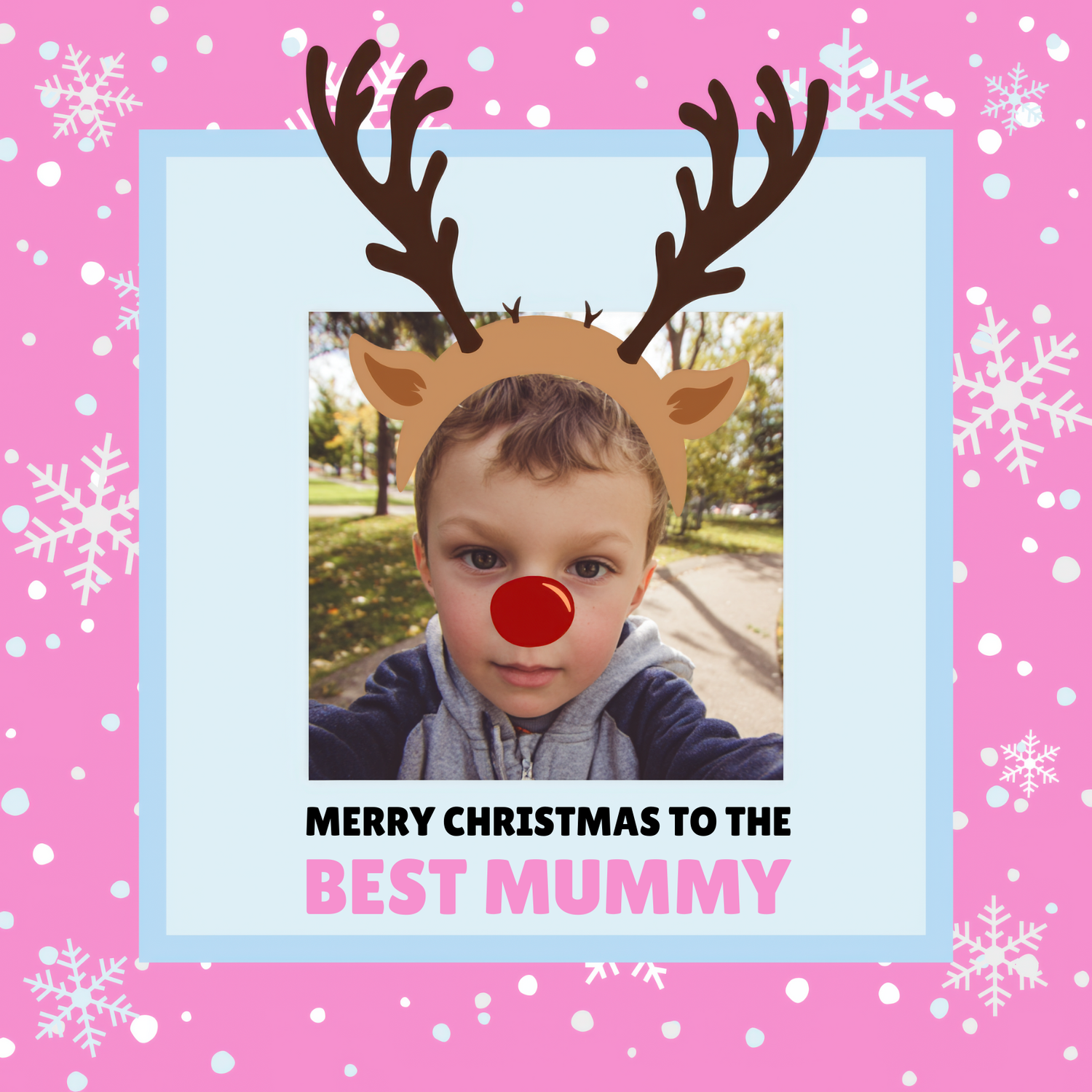 The Little Deer Photo Mummy Christmas Card shown with sample photo of a young boy