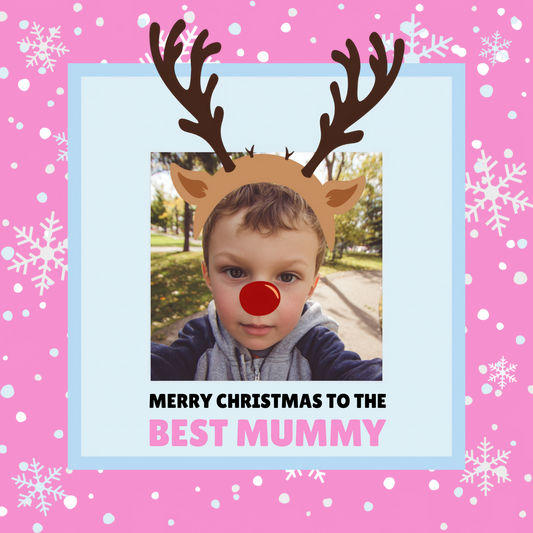The Little Deer Photo Mummy Christmas Card shown with sample photo of a young boy