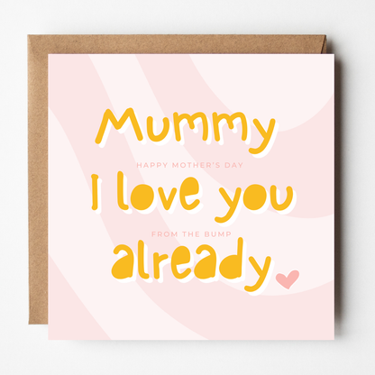 A mockup of the Mummy Mother's Day Card From Bump card, shown with brown Kraft envelope.