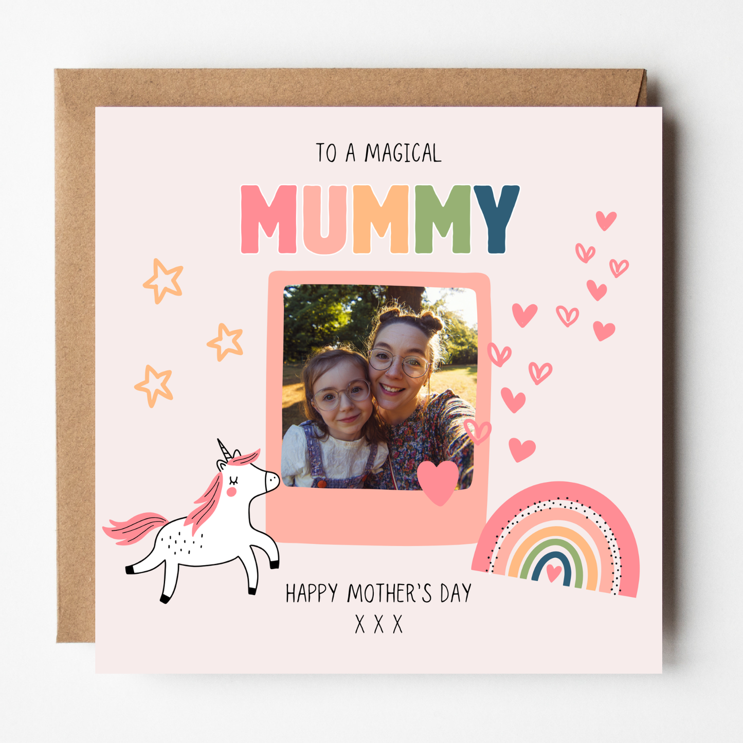 A mockup of the Mummy Mother's Day Photo Card, shown with brown Kraft envelope.