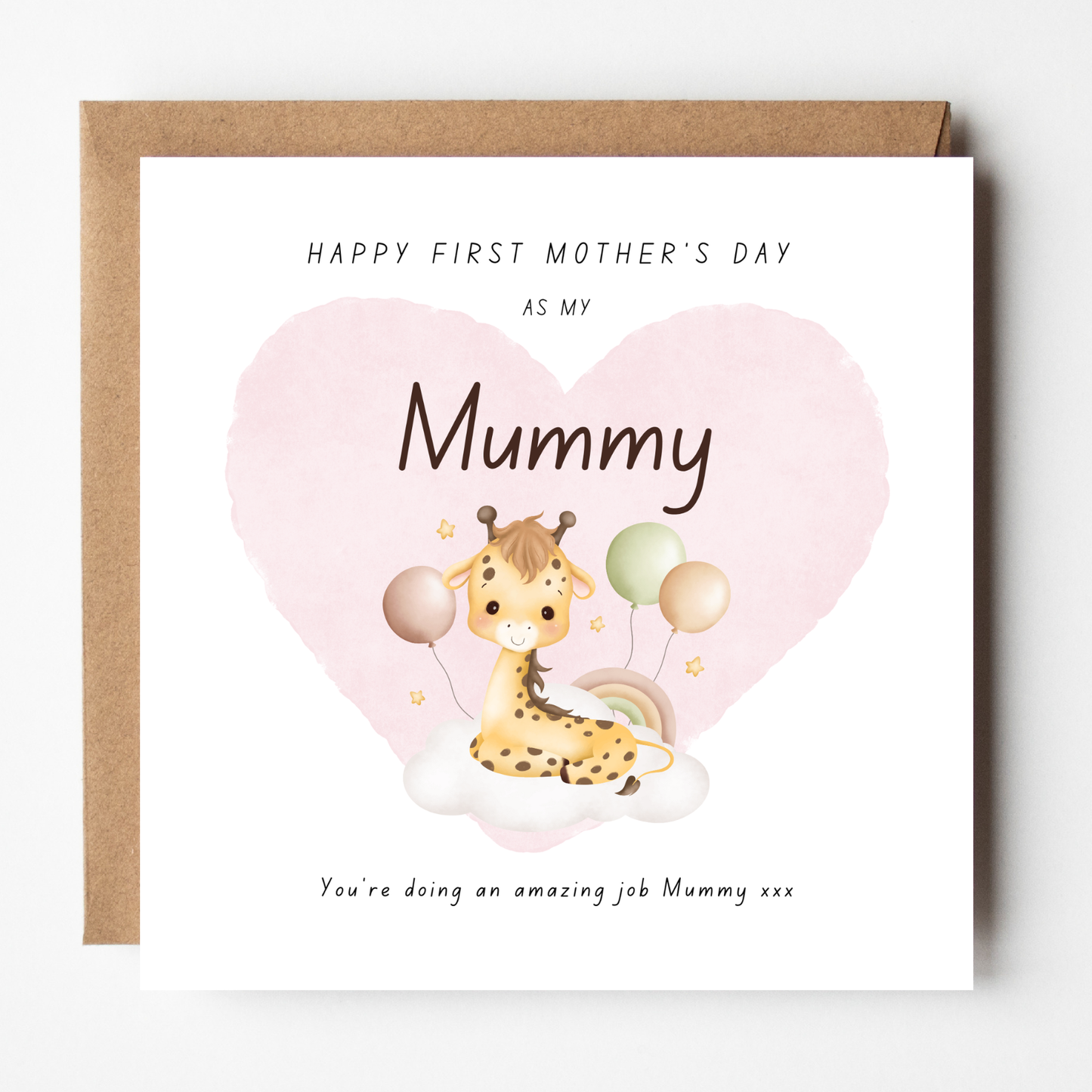 A mockup of the Mummy's First Mother's Day Card From Baby card, shown with brown Kraft envelope.