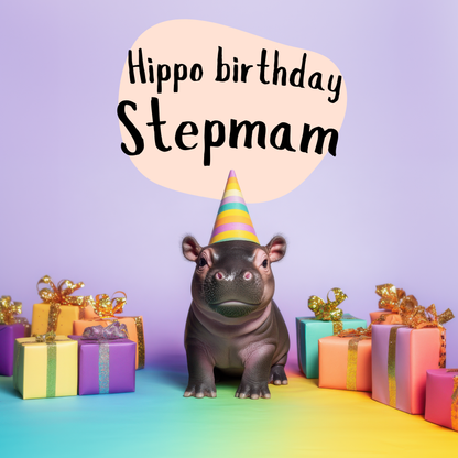 The design: Baby hippo at rainbow party.  Text reads: Hippo birthday Stepmam