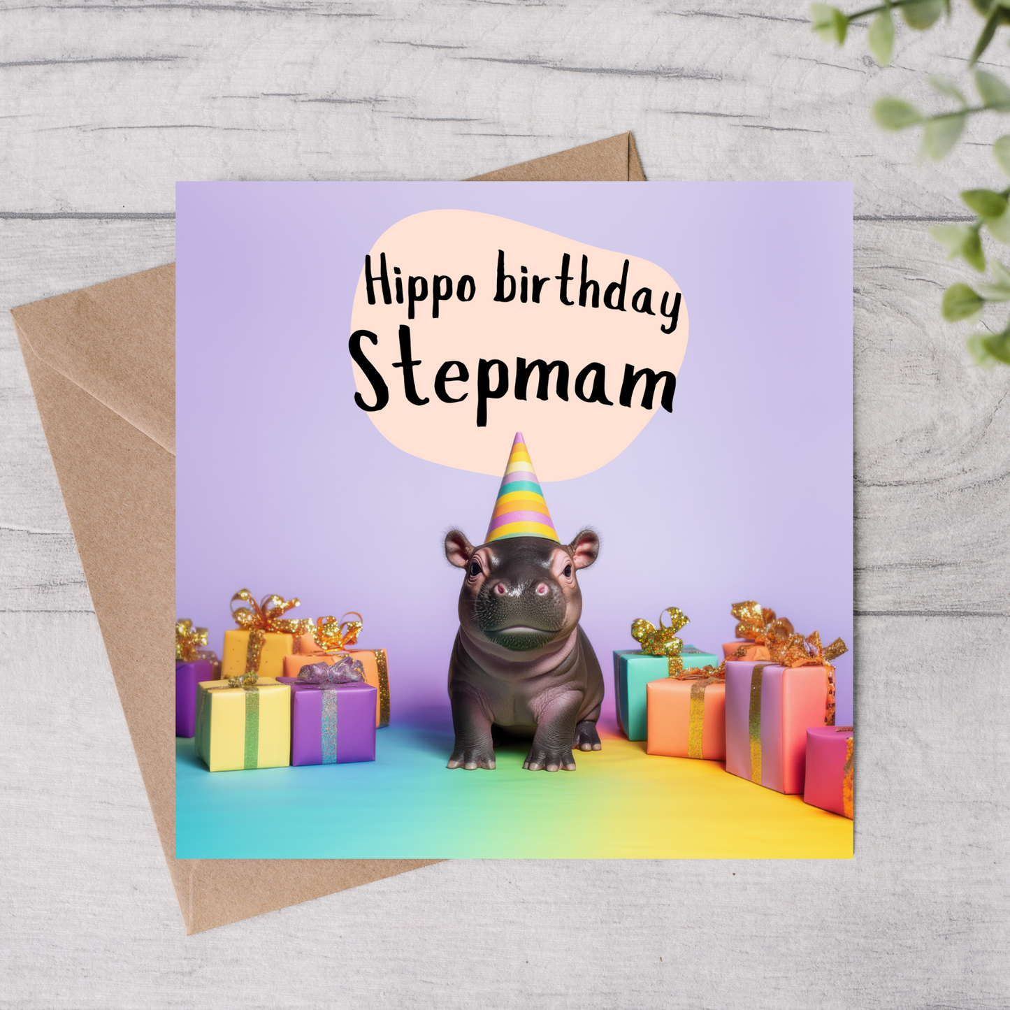 The design: Baby hippo at rainbow party.  Text reads: Hippo birthday Stepmam