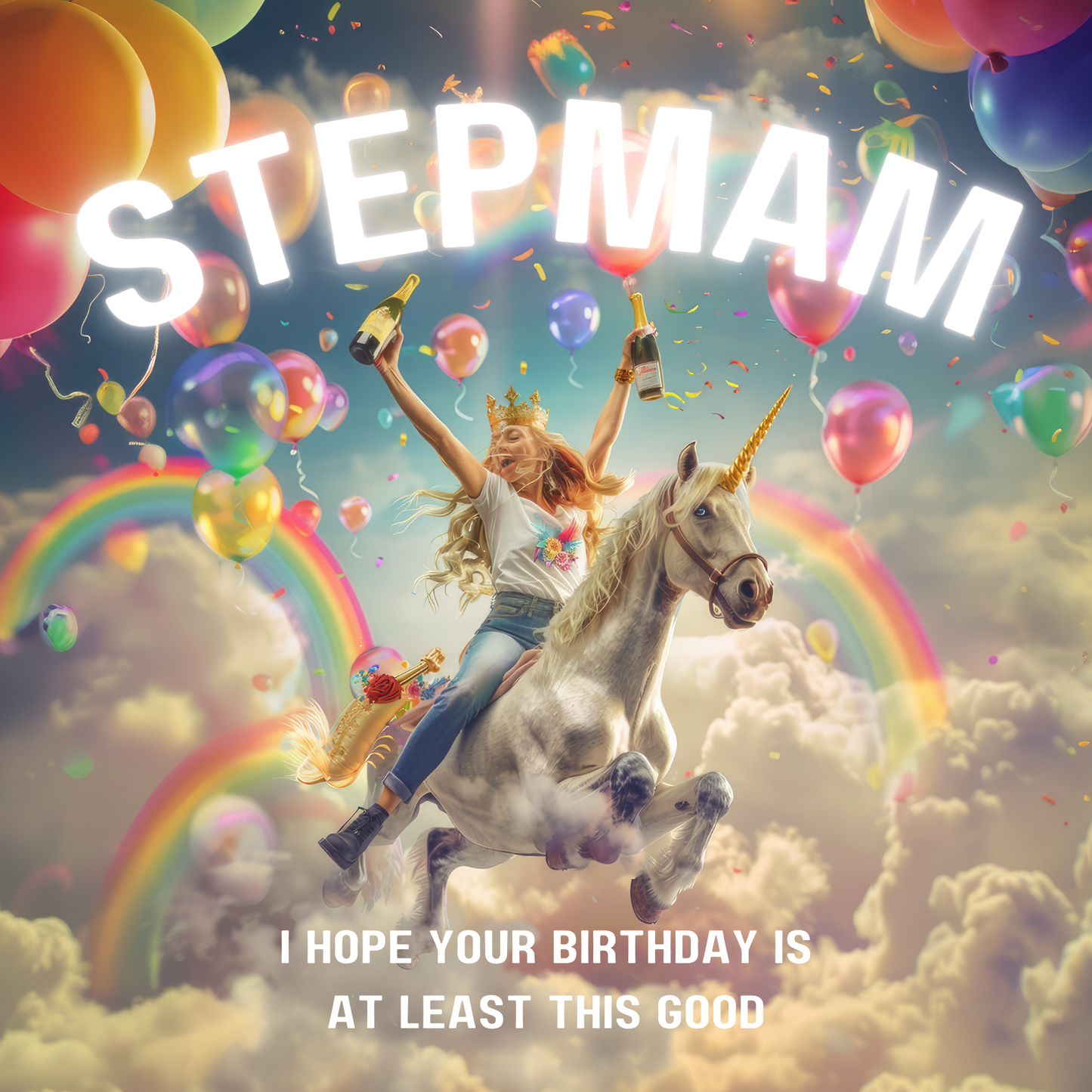 Woman clutching champagne joyously riding a unicorn through rainbows and colourful balloons. Text reads "Stepmam I hope your birthday is at least this good".