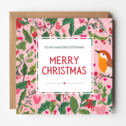 Stepmam Christmas Card - Holly & Hearts