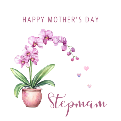 The design: handpainted orchid drops heart-shaped watercolour petals. Text reads: "Happy Mother's Day Stepmam"