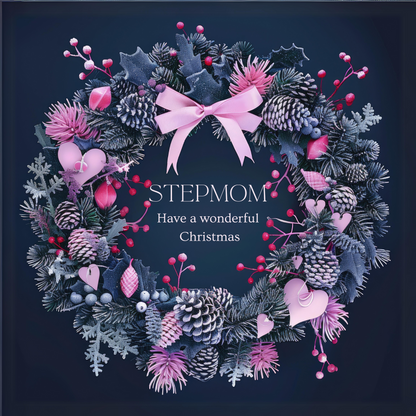 The design: A frosty wreath of winter foliage and pink hearts on midnight blue. Text reads: Stepmom have a wonderful Christmas.