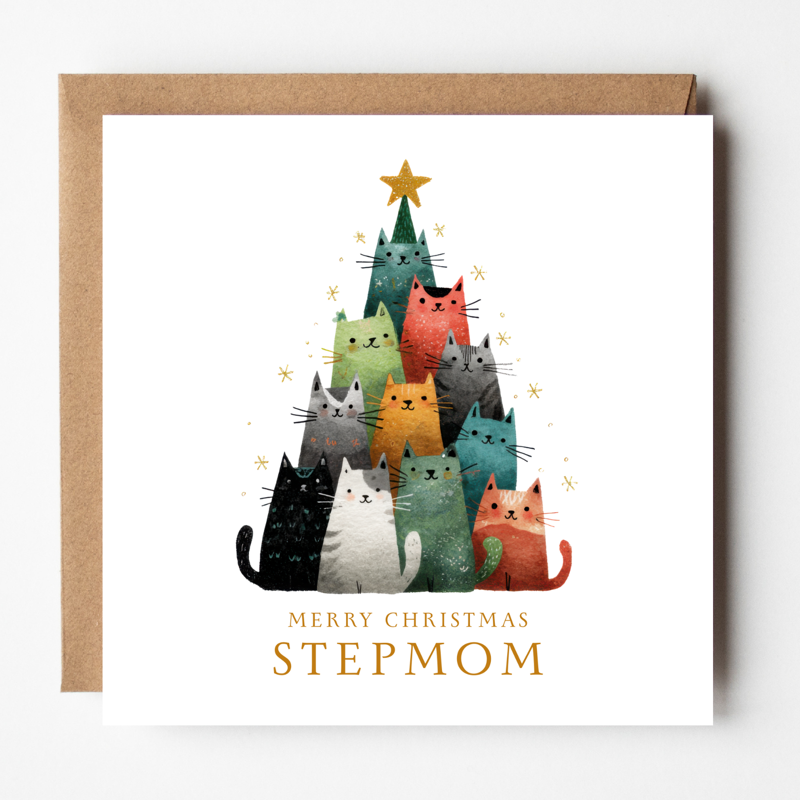 A mockup of the Kitty Christmas (Stepmom) card, shown with brown Kraft envelope.