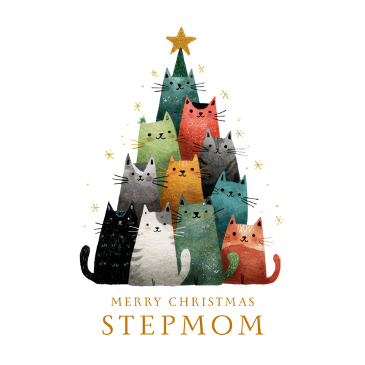 The card design: watercolour illustration of colourful cats in a Christmas tree shape, with text "Merry Christmas Stepmom".