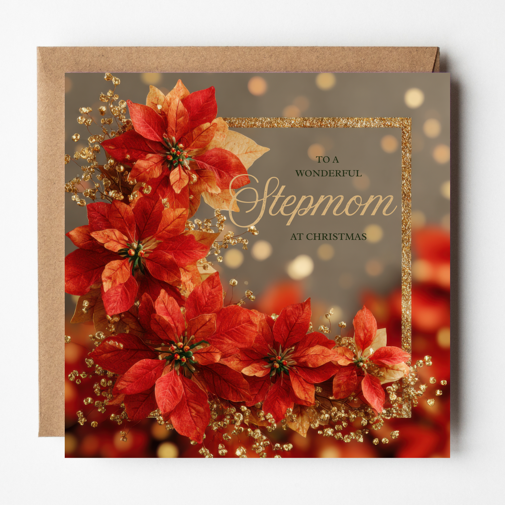 A mockup of the Poinsettia (Stepmom) card, shown with brown Kraft envelope.