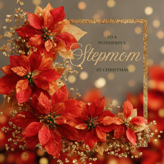 The card design: striking red poinsettia leaves with sparkling gold frame. Text reads: "To a wonderful Stepmom at Christmas"