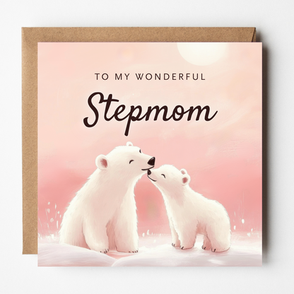 The Stepmom Bear Christmas card shown with brown Kraft envelope.