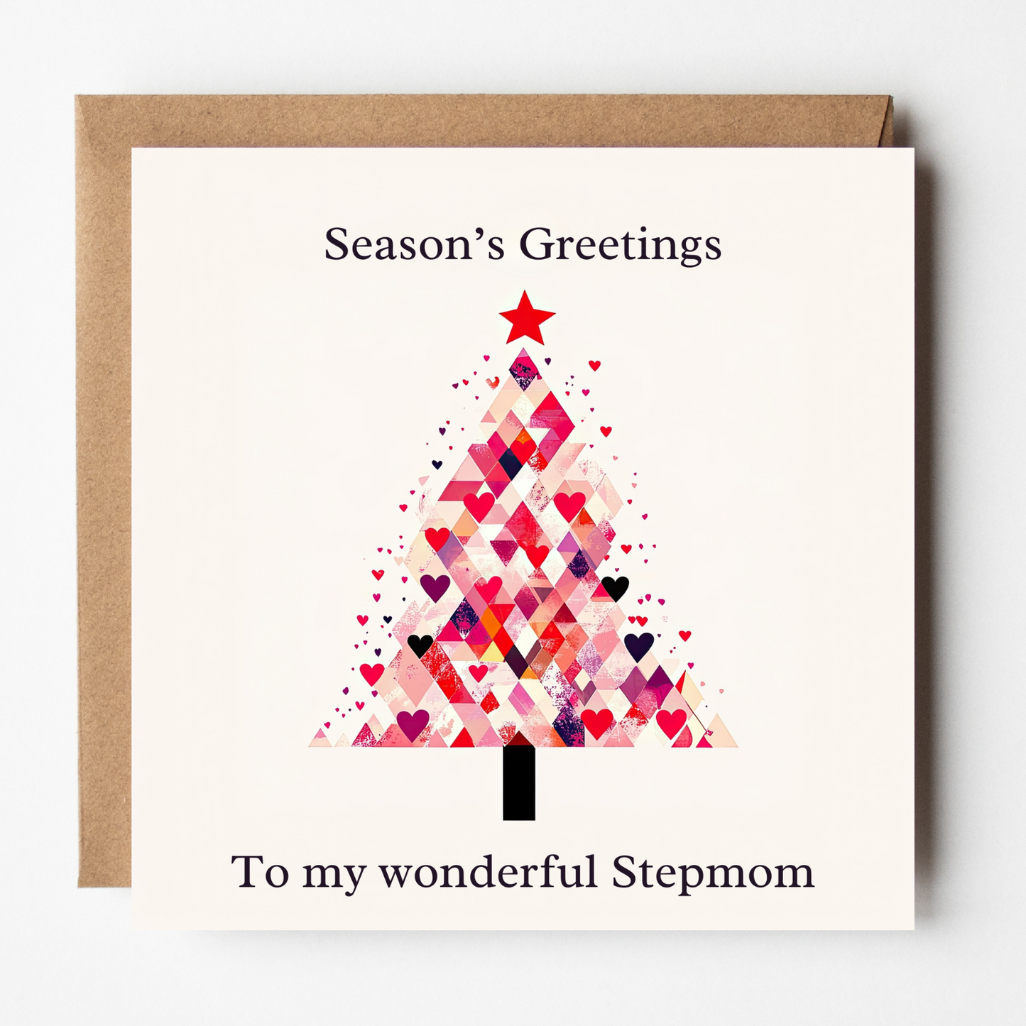 A mockup of the Stepmom Tree of Love Christmas card, shown with brown Kraft envelope.