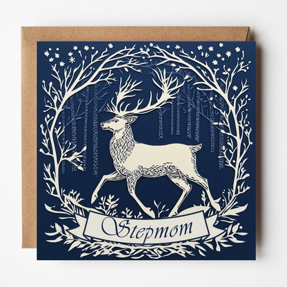 A mockup of the Stepmom Woodland Stag Christmas card, shown with brown Kraft envelope.