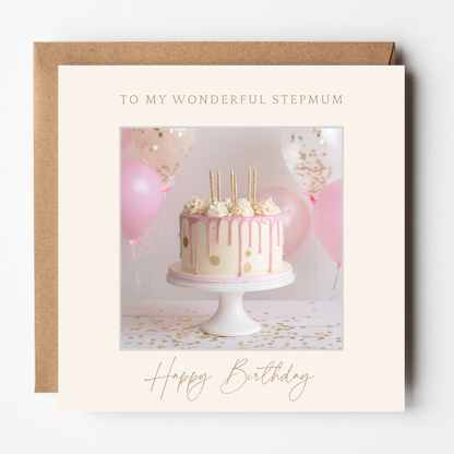 A mockup of the Stepmum Birthday Cake card, shown with brown Kraft envelope.