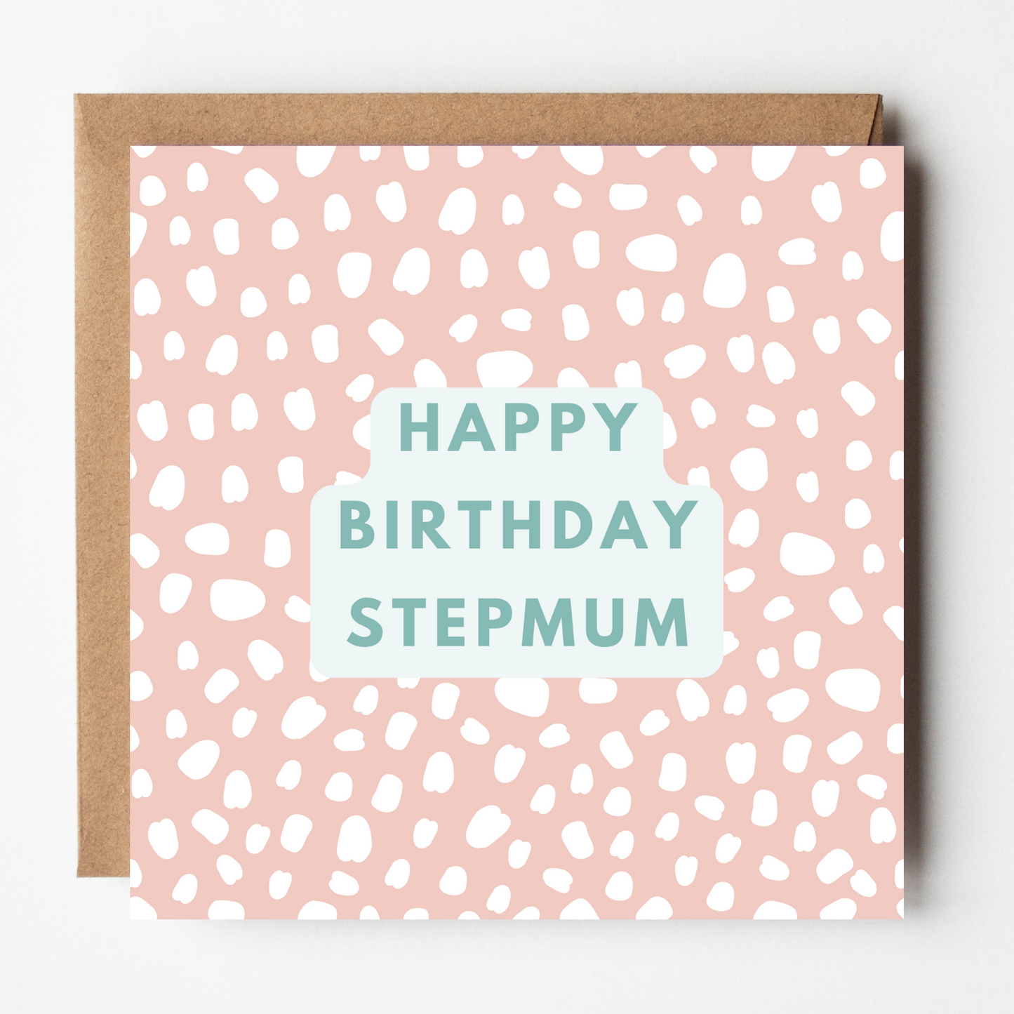 A mockup of the Stepmum Cute Pink birthday card, shown with brown Kraft envelope.