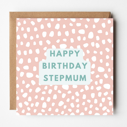 A mockup of the Stepmum Cute Pink birthday card, shown with brown Kraft envelope.