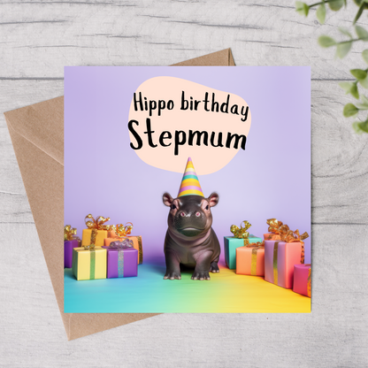 The design: Baby hippo at rainbow party.  Text reads: Hippo birthday Stepmum