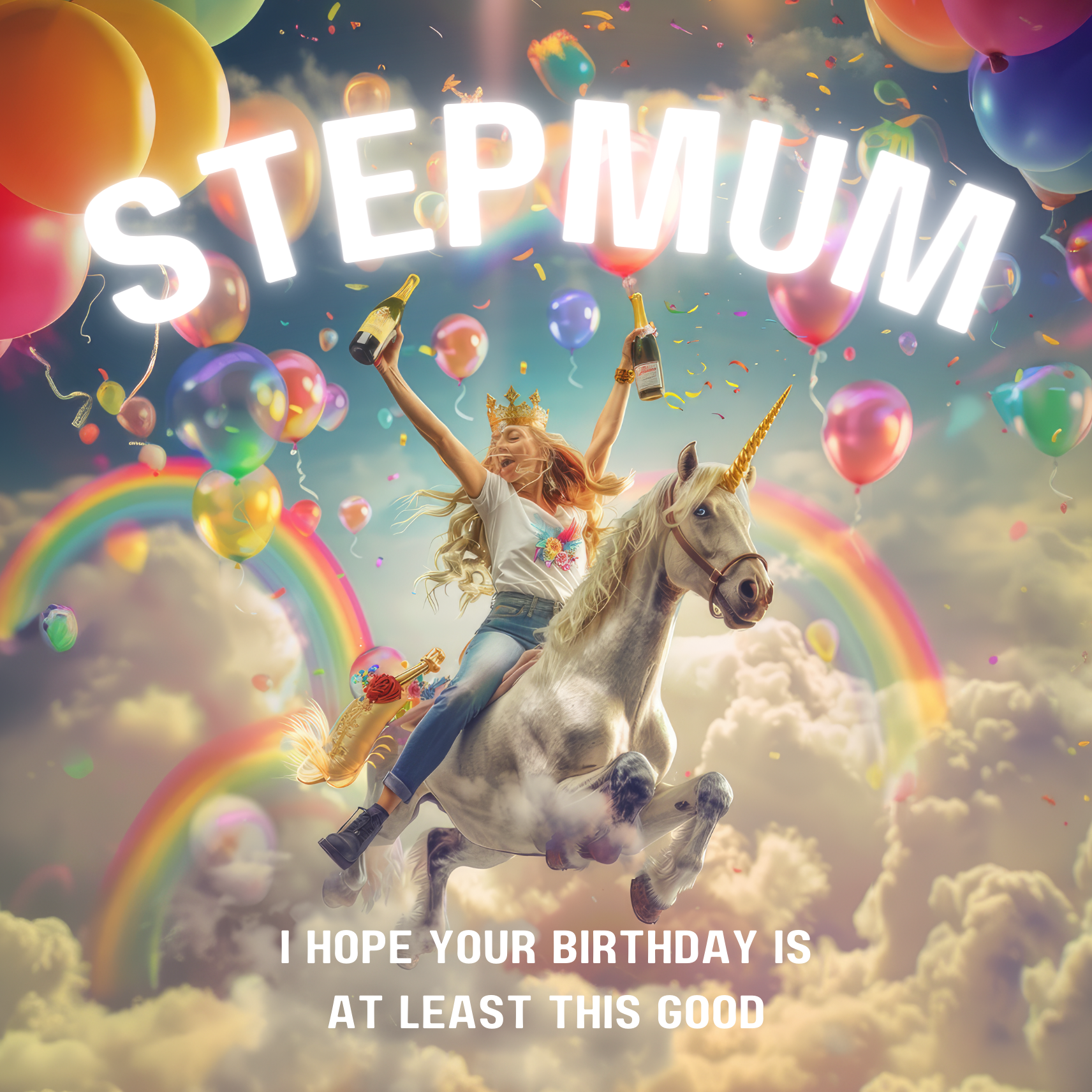 Woman clutching champagne joyously riding a unicorn through rainbows and colourful balloons. Text reads "Stepmum I hope your birthday is at least this good".